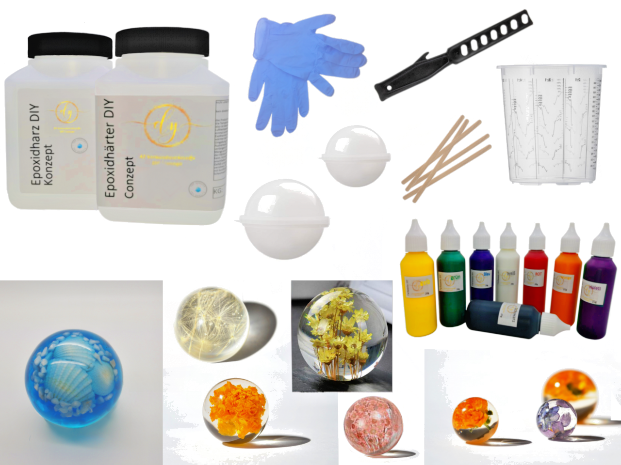 Deko Deluxe Kugel Bastelset - 750g Gießharz + Silikonform + 4 Farben + Werkzeug