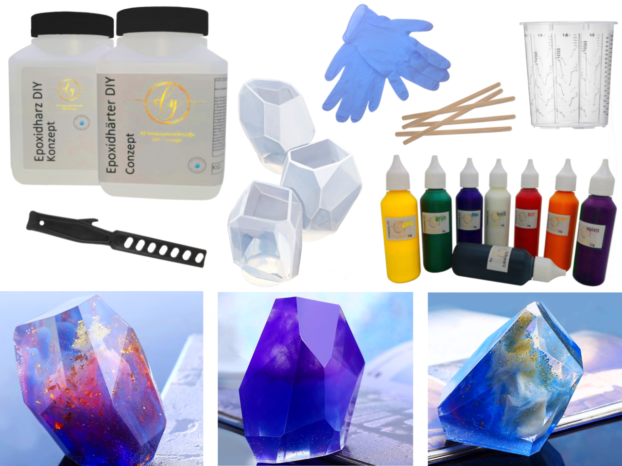 Deko Deluxe Kristall Bastelset - 750g Gießharz + Silikonform + 4 Farben + Werkzeug