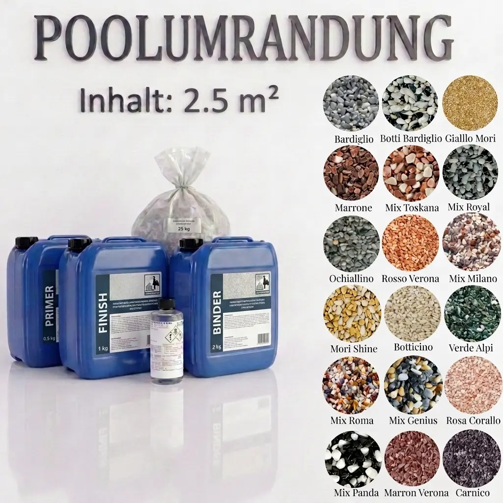 Steinteppich Pool & Umrandung Set | 25kg Marmor | Primer | Binder | Versiegelung | ca. 2,5m² Steinteppich Pool & Umrandung Set | 25kg Marmor | Primer | Binder | Versiegelung | ca. 2,5m²