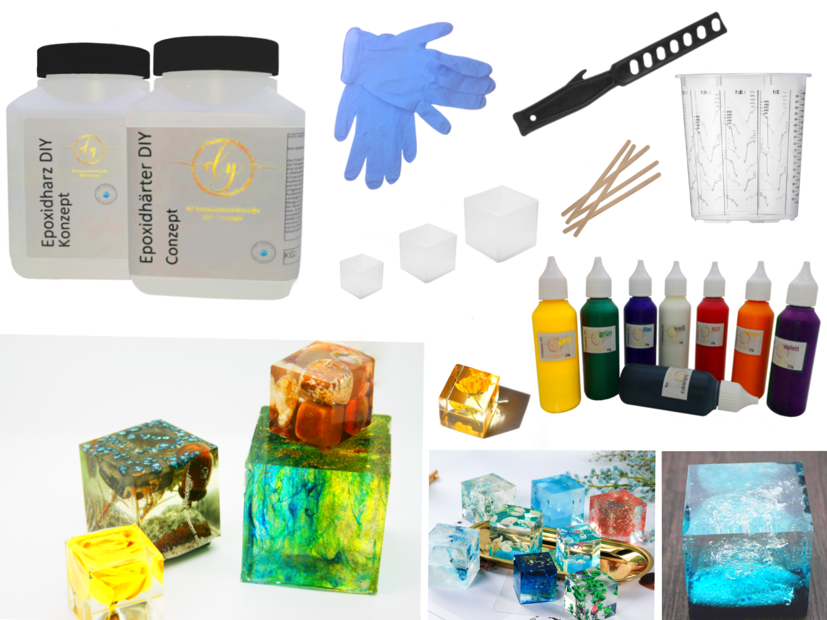 Deko Deluxe Würfel Bastelset - 750g Gießharz + Silikonform + 4 Farben + Werkzeug 