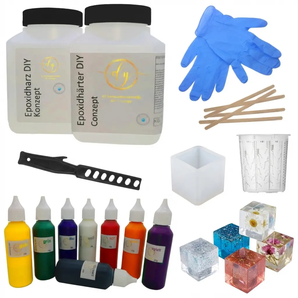 Deko Deluxe Würfel Bastelset - 750g Gießharz + Silikonform + 4 Farben + Werkzeug Deko Deluxe Würfel Bastelset - 750g Gießharz + Silikonform + 4 Farben + Werkzeug