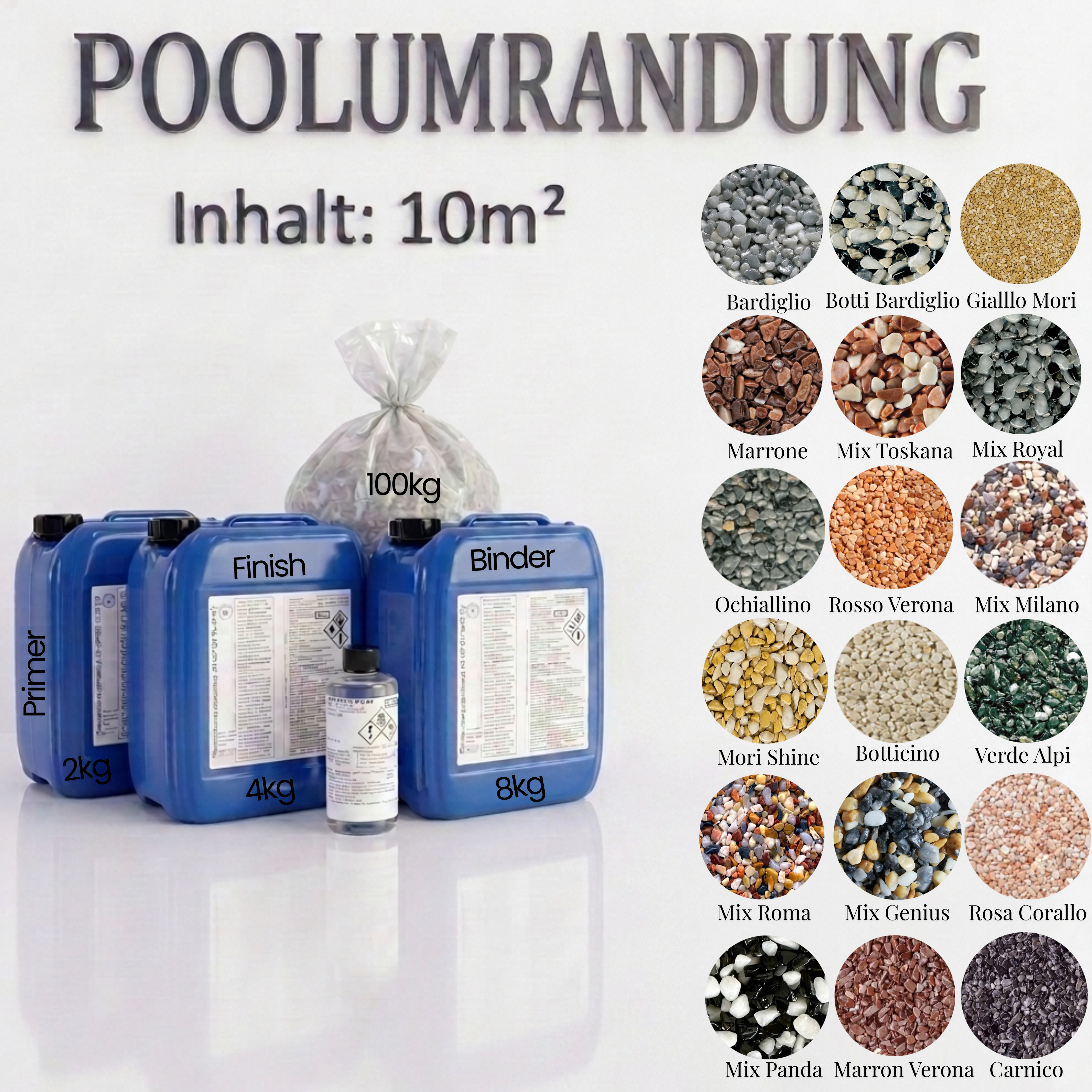 Steinteppich Pool & Umrandung Set | 100kg Marmor | Primer | Binder | Versiegelung | ca. 10m²