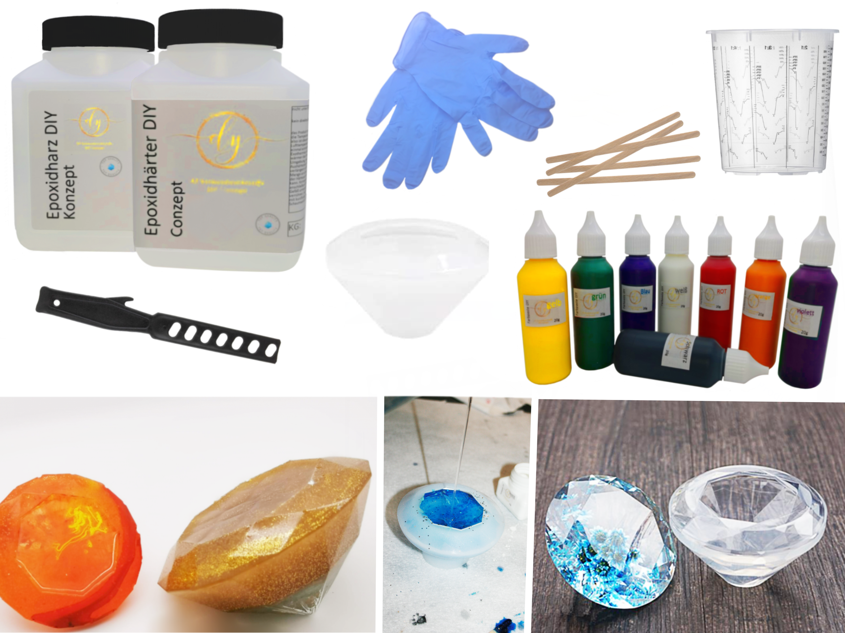 Deko Deluxe Diamant Bastelset - 750g Gießharz + Silikonform + 4 Farben + Werkzeug 